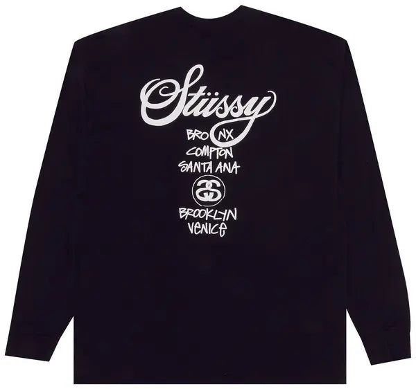 STUSSY LONG SLEEVE WORLD TOUR TEE BLACK